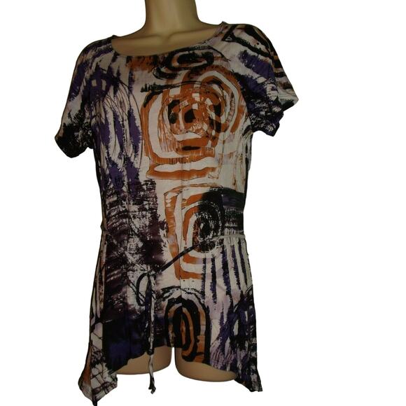 Marco New York Knit Top Women's M Multicolor Print Short Sleeve Tie Belt Tunic - Picture 3 of 9